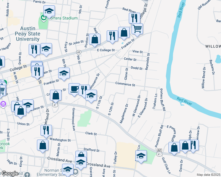 map of restaurants, bars, coffee shops, grocery stores, and more near 319 South 11th Street in Clarksville