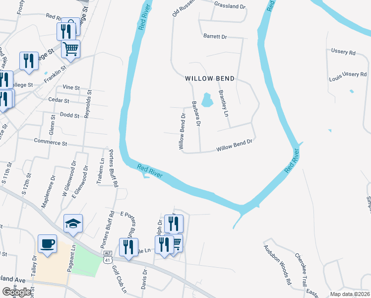 map of restaurants, bars, coffee shops, grocery stores, and more near 1190 Willow Bend Drive in Clarksville