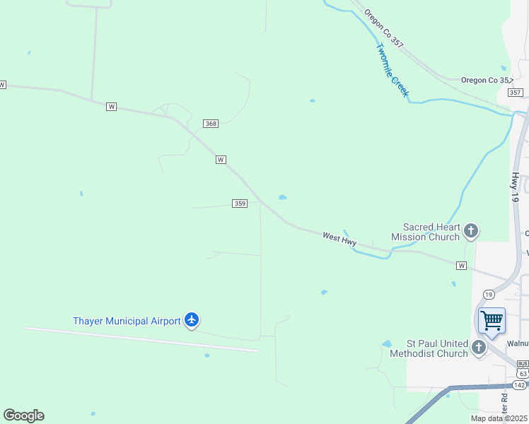 map of restaurants, bars, coffee shops, grocery stores, and more near 1283 RR 1 in Thayer