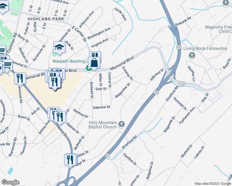 map of restaurants, bars, coffee shops, grocery stores, and more near 3212 Ridgeview Street in Kingsport