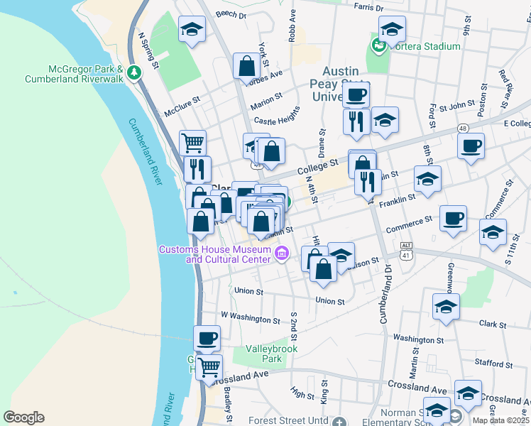 map of restaurants, bars, coffee shops, grocery stores, and more near 111 Strawberry Alley in Clarksville