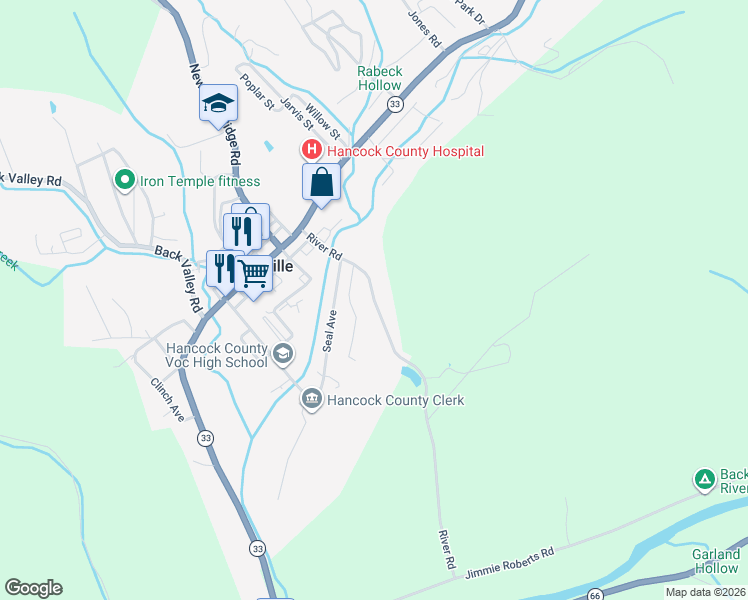 map of restaurants, bars, coffee shops, grocery stores, and more near 523 River Road in Sneedville