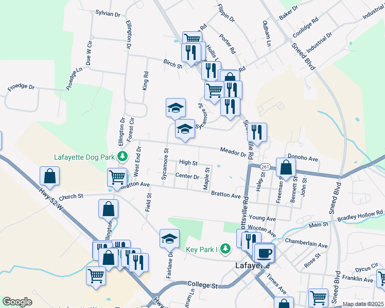 map of restaurants, bars, coffee shops, grocery stores, and more near 401 Meador Drive in Lafayette