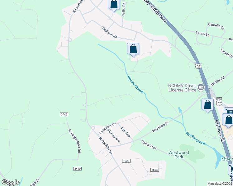 map of restaurants, bars, coffee shops, grocery stores, and more near 204 Lewis Drive in Mount Airy