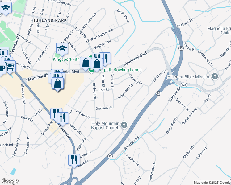 map of restaurants, bars, coffee shops, grocery stores, and more near 3203 Ridgeview Street in Kingsport
