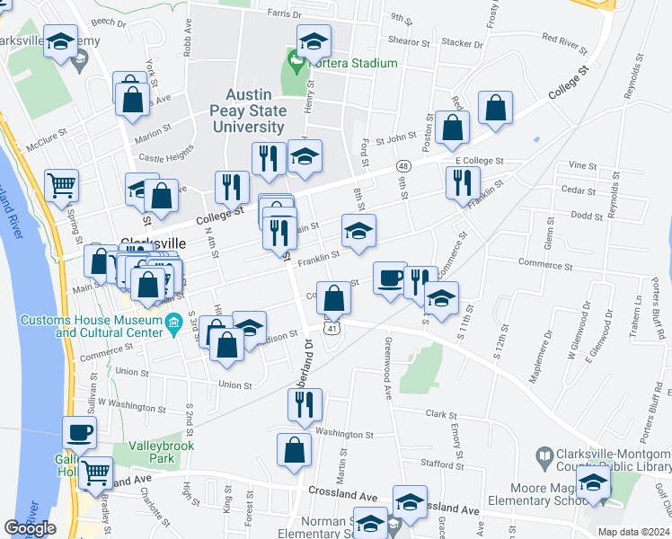 map of restaurants, bars, coffee shops, grocery stores, and more near 716 Franklin Street in Clarksville