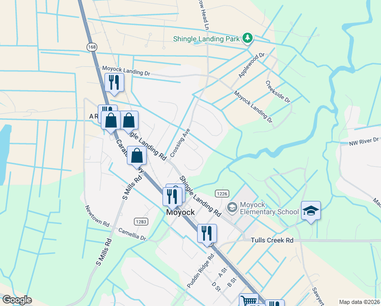 map of restaurants, bars, coffee shops, grocery stores, and more near 108 Fox Lane in Moyock