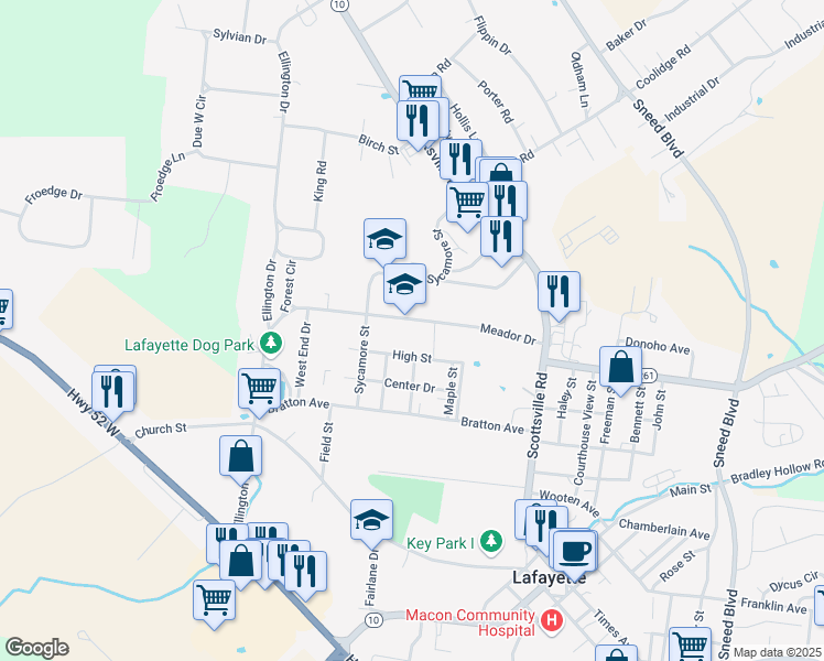 map of restaurants, bars, coffee shops, grocery stores, and more near 401 Meador Drive in Lafayette