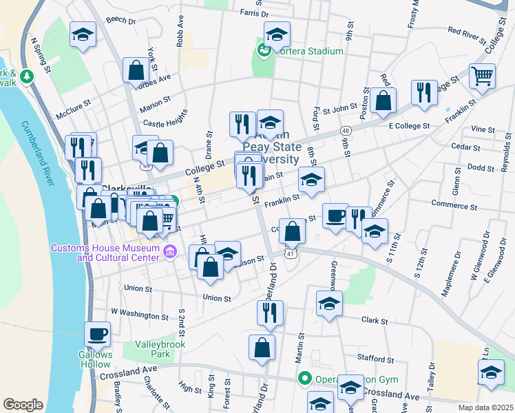 map of restaurants, bars, coffee shops, grocery stores, and more near 623 Franklin Street in Clarksville