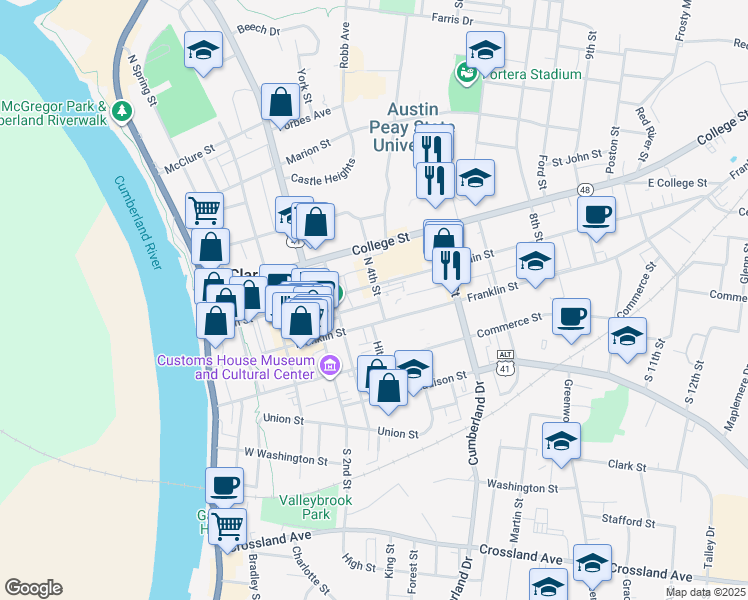 map of restaurants, bars, coffee shops, grocery stores, and more near 120 North 4th Street in Clarksville