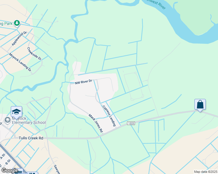 map of restaurants, bars, coffee shops, grocery stores, and more near 136 Northwest River Drive in Moyock