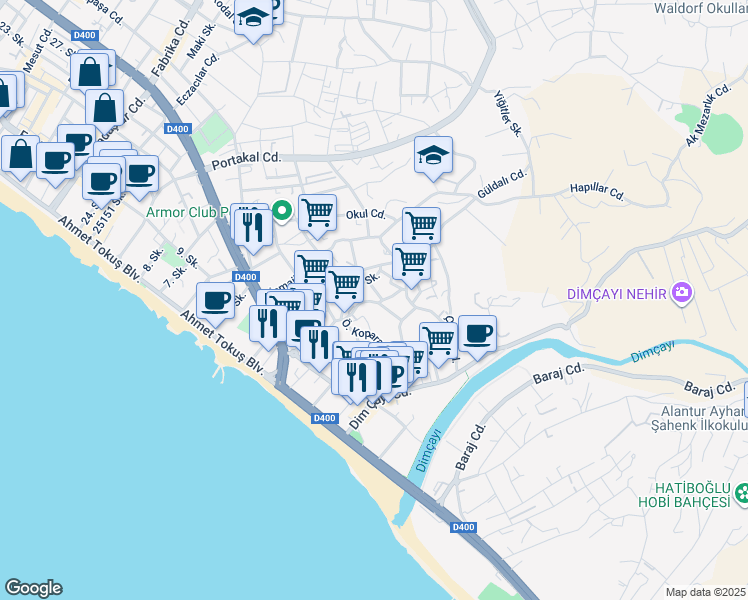 map of restaurants, bars, coffee shops, grocery stores, and more near Aydoğan Sokak in Alanya