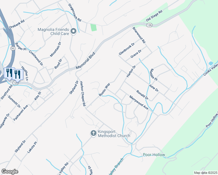 map of restaurants, bars, coffee shops, grocery stores, and more near 4303-4307 Rustic Way in Kingsport