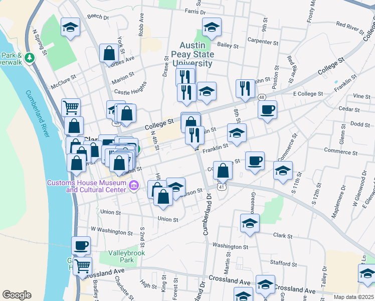 map of restaurants, bars, coffee shops, grocery stores, and more near 528 Grant Avenue in Clarksville