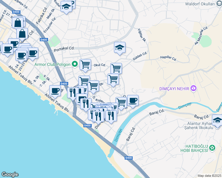 map of restaurants, bars, coffee shops, grocery stores, and more near 27 Merkez Cami Caddesi in Alanya