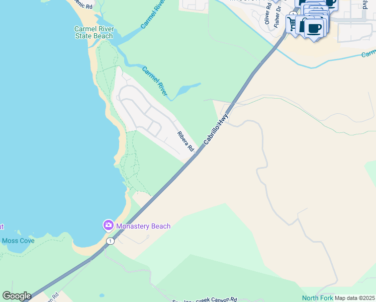 map of restaurants, bars, coffee shops, grocery stores, and more near 3050 Ribera Road in Carmel-by-the-Sea