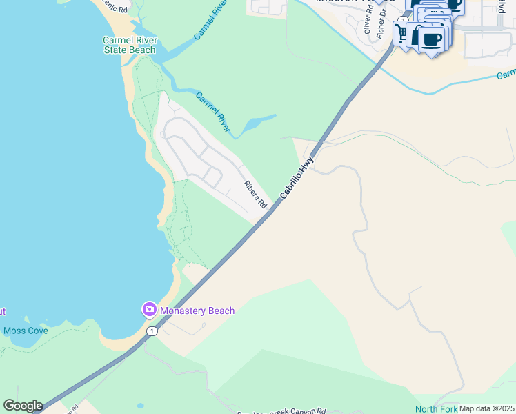 map of restaurants, bars, coffee shops, grocery stores, and more near 3050 Ribera Road in Carmel-by-the-Sea