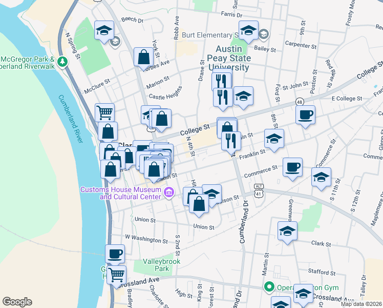 map of restaurants, bars, coffee shops, grocery stores, and more near 329 Main Street in Clarksville