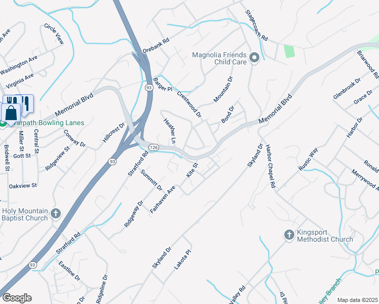 map of restaurants, bars, coffee shops, grocery stores, and more near 3803 Busbee Street in Kingsport