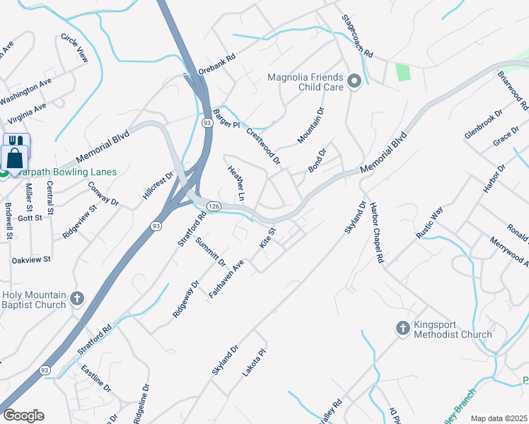map of restaurants, bars, coffee shops, grocery stores, and more near 3803 Busbee Street in Kingsport