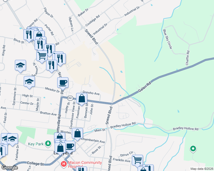 map of restaurants, bars, coffee shops, grocery stores, and more near 221 Donoho Avenue in Lafayette