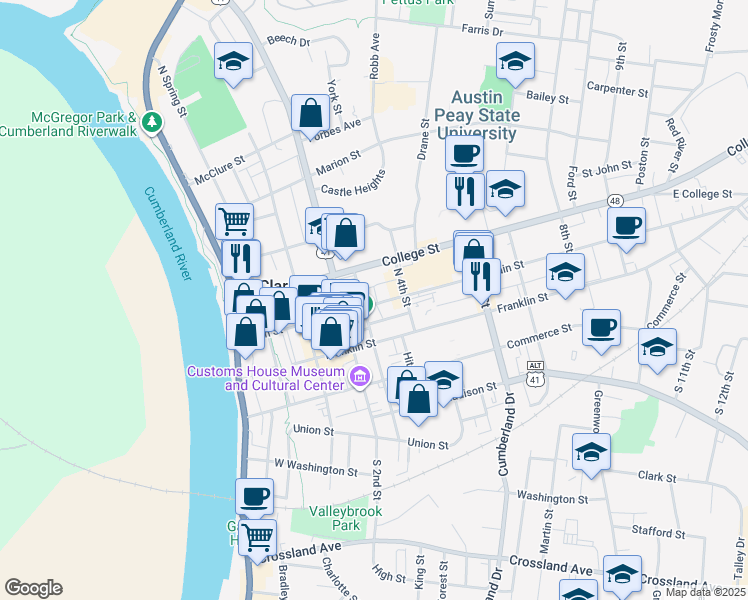 map of restaurants, bars, coffee shops, grocery stores, and more near 218 North 3rd Street in Clarksville