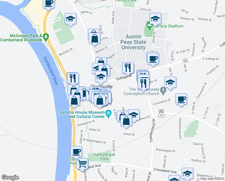 map of restaurants, bars, coffee shops, grocery stores, and more near 305 Main Street in Clarksville