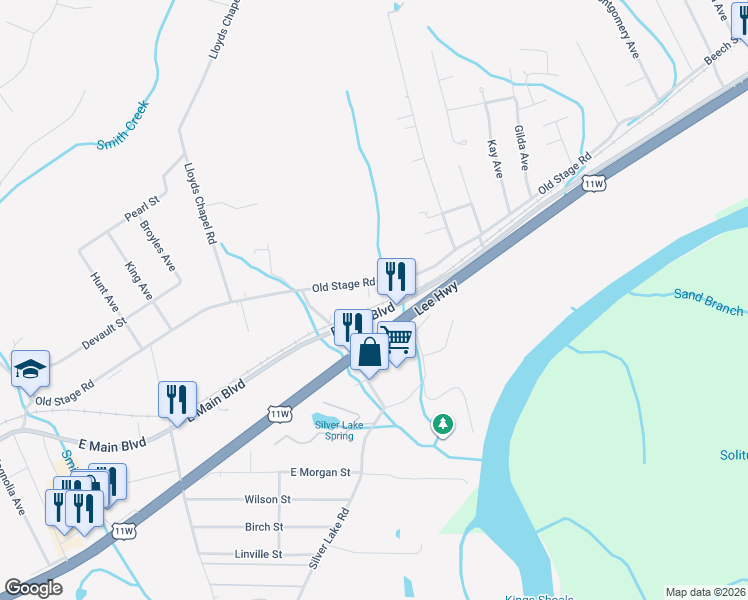 map of restaurants, bars, coffee shops, grocery stores, and more near 750 Old Stage Rd in Church Hill