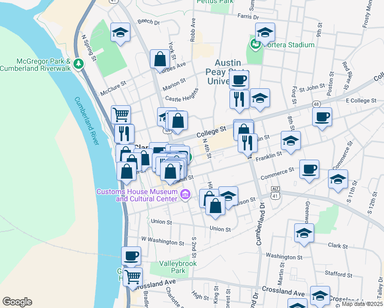 map of restaurants, bars, coffee shops, grocery stores, and more near 305 Main Street in Clarksville