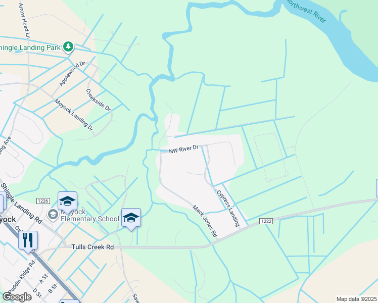map of restaurants, bars, coffee shops, grocery stores, and more near 108 Northwest River Drive in Moyock
