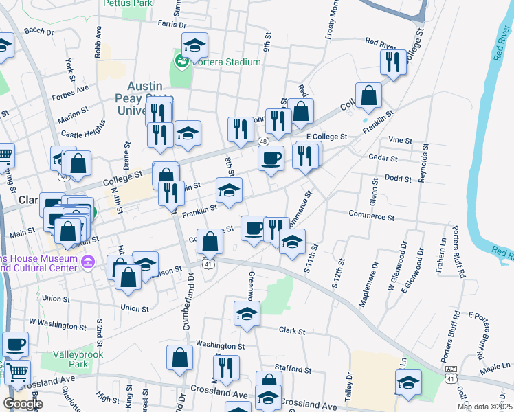 map of restaurants, bars, coffee shops, grocery stores, and more near 820 Franklin Street in Clarksville