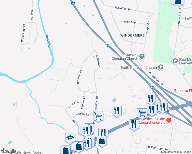 map of restaurants, bars, coffee shops, grocery stores, and more near 775 Vaughan Road in Clarksville