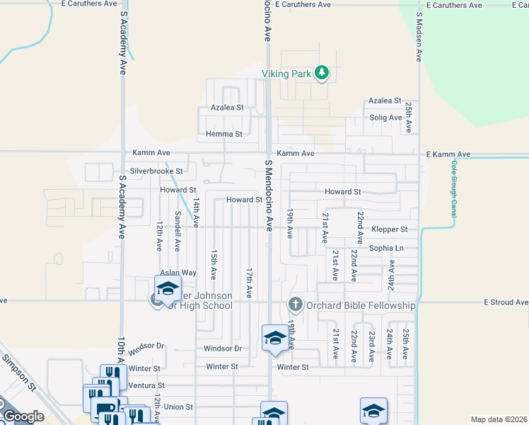 map of restaurants, bars, coffee shops, grocery stores, and more near 2605 18th Avenue in Kingsburg