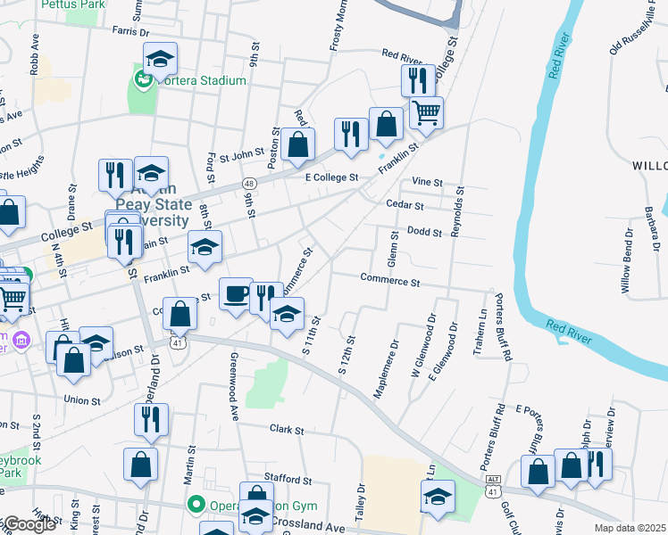 map of restaurants, bars, coffee shops, grocery stores, and more near 1101 Commerce Street in Clarksville