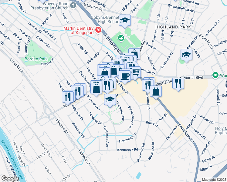 map of restaurants, bars, coffee shops, grocery stores, and more near 1157 North Eastman Road in Kingsport