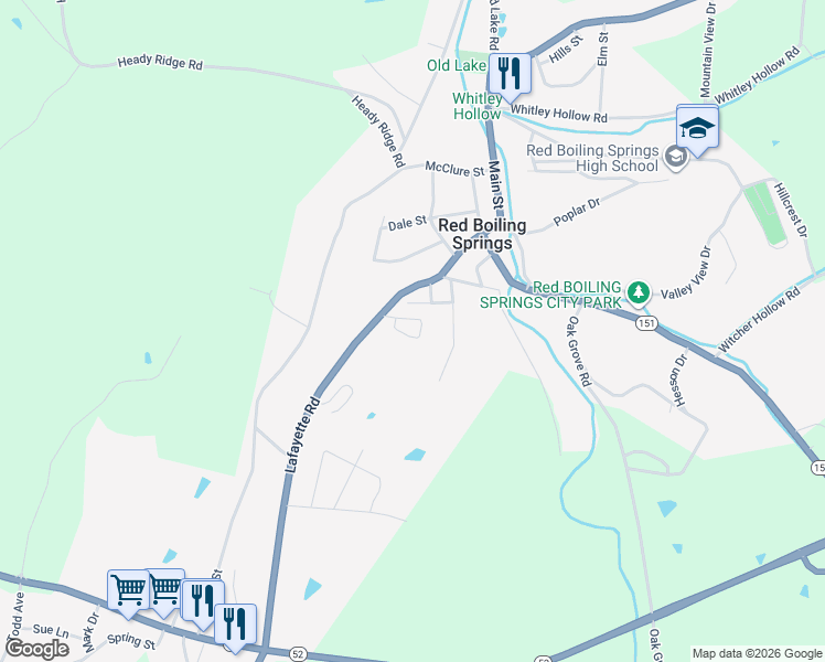 map of restaurants, bars, coffee shops, grocery stores, and more near 130 Christie Circle in Red Boiling Springs