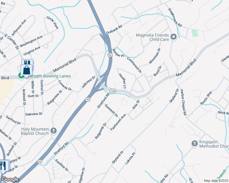 map of restaurants, bars, coffee shops, grocery stores, and more near 3801 Memorial Boulevard in Kingsport