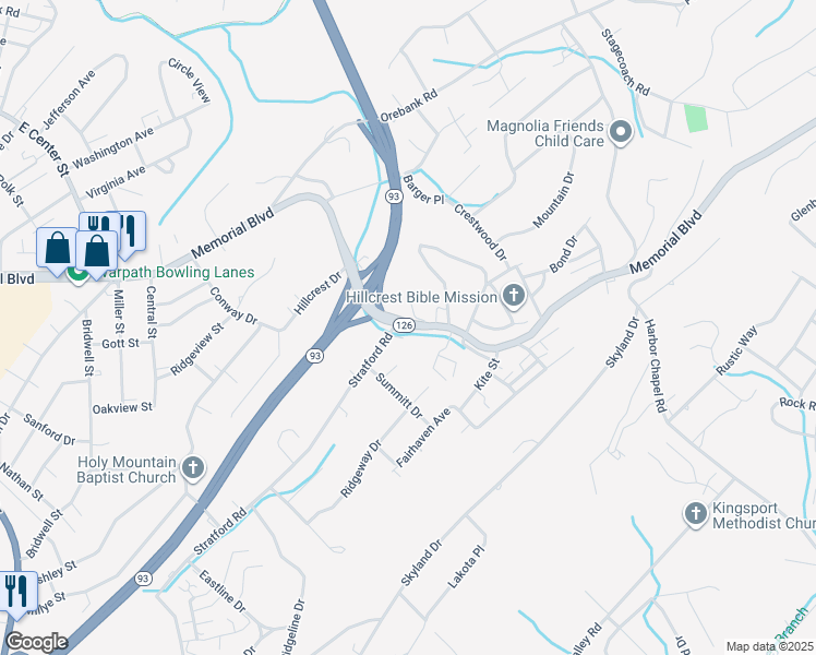 map of restaurants, bars, coffee shops, grocery stores, and more near 3801 Memorial Boulevard in Kingsport