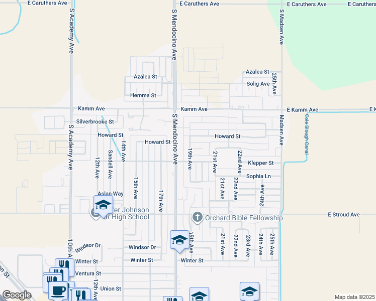 map of restaurants, bars, coffee shops, grocery stores, and more near 2621 19th Avenue in Kingsburg