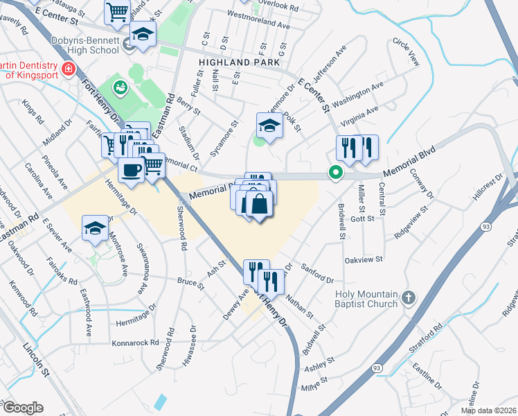 map of restaurants, bars, coffee shops, grocery stores, and more near 2101 Fort Henry Drive in Kingsport
