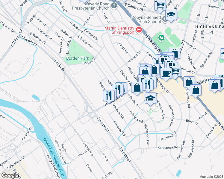 map of restaurants, bars, coffee shops, grocery stores, and more near 1645 Redwood Dr in Kingsport