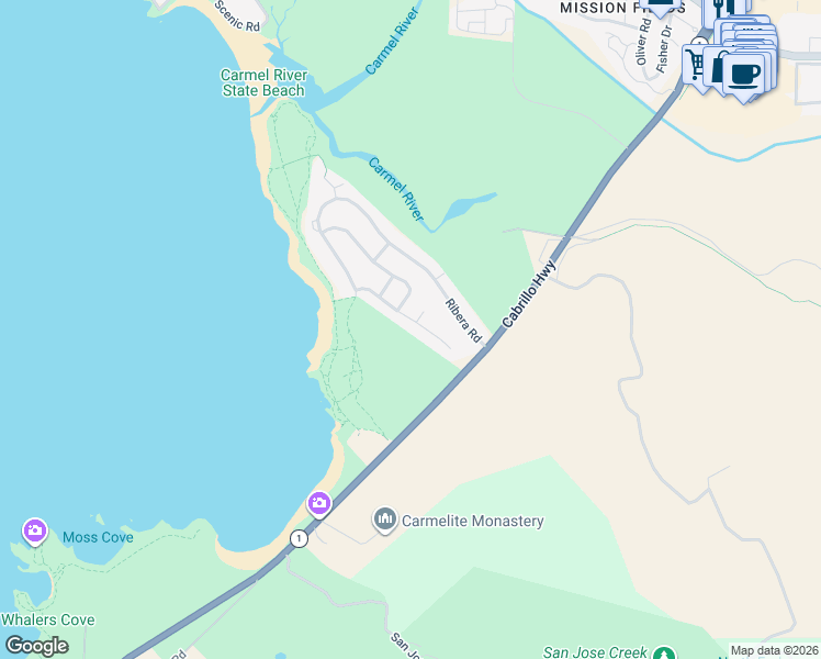 map of restaurants, bars, coffee shops, grocery stores, and more near 2932 Cuesta Way in Carmel-by-the-Sea