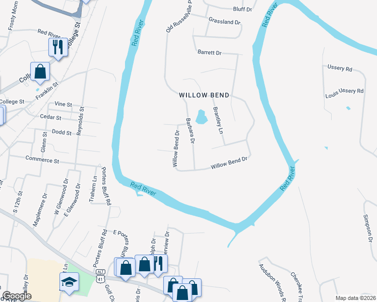 map of restaurants, bars, coffee shops, grocery stores, and more near 1308 Barbara Dr in Clarksville