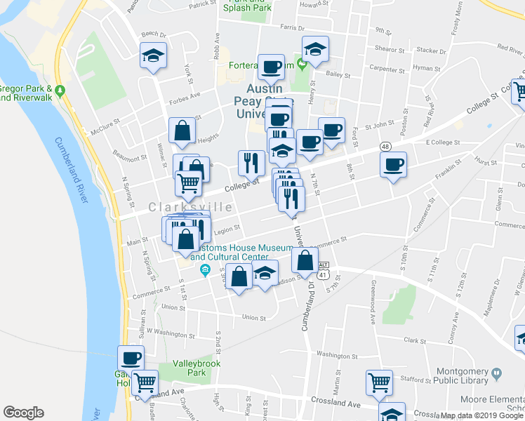 map of restaurants, bars, coffee shops, grocery stores, and more near 502 Main Street in Clarksville