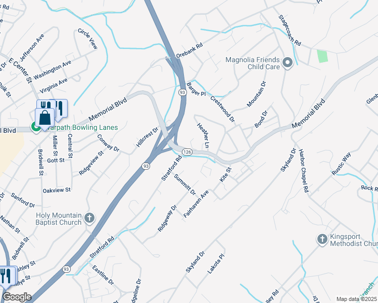 map of restaurants, bars, coffee shops, grocery stores, and more near 3801 Memorial Boulevard in Kingsport