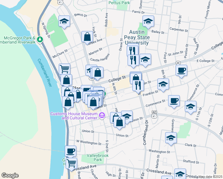 map of restaurants, bars, coffee shops, grocery stores, and more near 329 Main Street in Clarksville