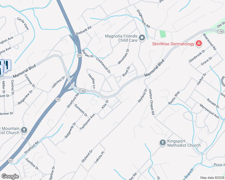 map of restaurants, bars, coffee shops, grocery stores, and more near 3950 Bonita Street in Kingsport