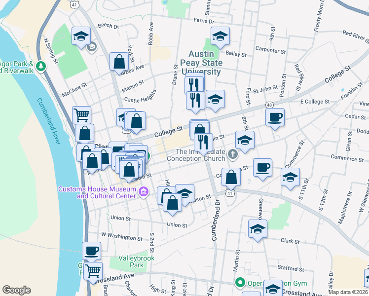 map of restaurants, bars, coffee shops, grocery stores, and more near 405 Main Street in Clarksville