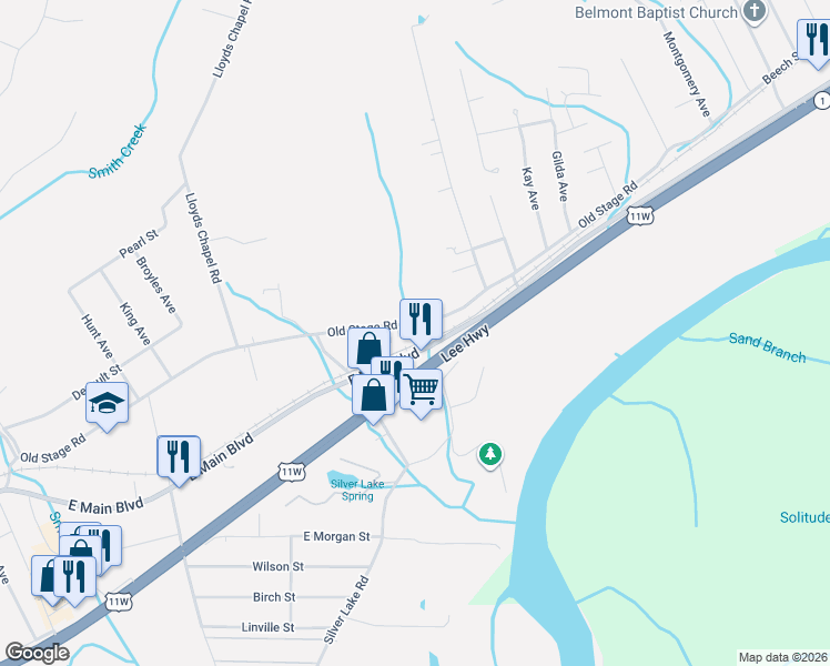 map of restaurants, bars, coffee shops, grocery stores, and more near 750 Old Stage Rd in Church Hill
