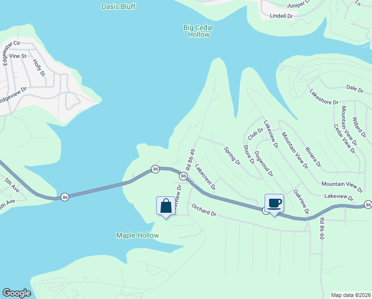 map of restaurants, bars, coffee shops, grocery stores, and more near 279 Road 86-49 in Ridgedale